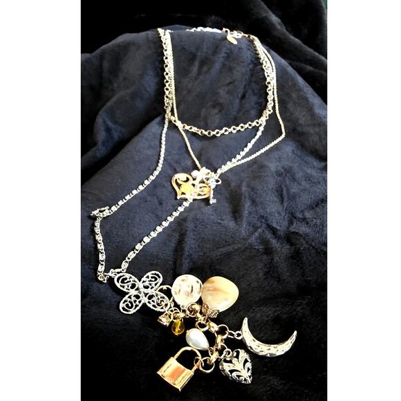 Free People Layered Necklace – Gold & Silver w/ Pearl & Stone Charms (NWT) - Picture 3 of 6